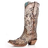 Corral Women's Full-Grain Leather with Glitter Inlay and Studs Cowgirl Snip Toe Western Boots, Taupe, 7.5 Medium Width