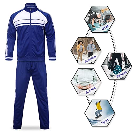 Megub Men's Tracksuit Set Two Pieces Side Striped Jogging Suit Active Sportswear Team Training Outfit Full Zip Solid Jacket And Pants(Royal Blue,L) #TOP4
