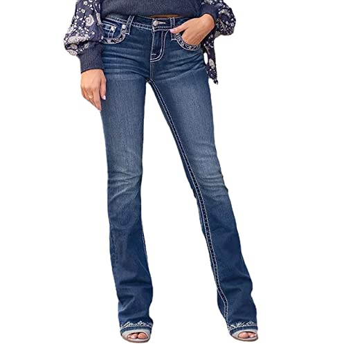Womens Feather Flower Embroidery Mid Rise Stretchy Bootcut Jeans Slim Straight Leg Denim Jean Pants Cobalt Blue3