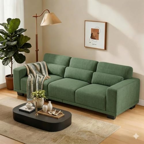 Pipishell Modern 3-Seater Sofa 89” Wide, Deep Seat Couch with Wide Armrests & Removable Washable Linen Cover for Living Room, Green | Sectional Couches for Living Room & Couch Sets