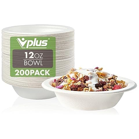 Vplus 200 Pack 12 OZ Paper Bowls, Disposable Compostable Bowls Bulk, Eco-friendly Bagasse Bowls, Heavy-duty Bowls Perfect for Milk Cereals, Snacks, Salads Cover