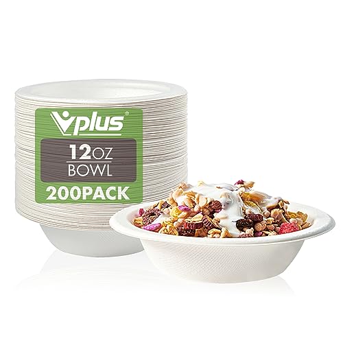 Vplus 200 Pack 12 OZ Paper Bowls, Disposable Compostable Bulk, Eco-friendly Bagasse, Heavy-duty Bowls Perfect for Milk Cereals, Snacks, Salads