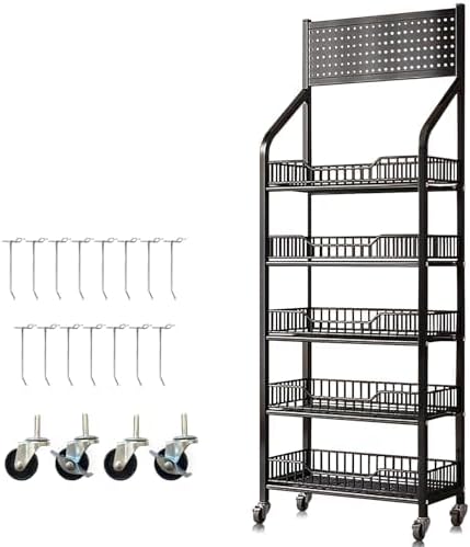 5-Tier Rolling Metal Candy Display Rack with Hooks - Durable Snack Storage Shelf for Retail, Kitchen, Office - Concession Treat Organizer, Black, 19.7 * 10.6 * 65 in - Ideal for Desserts & Snacks