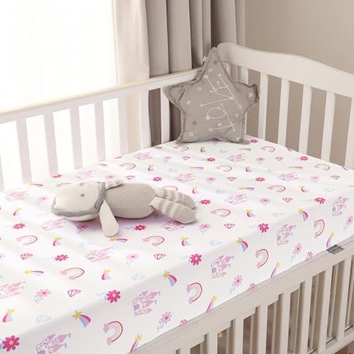 Image of PHF 3 Pack Soft Castle Crib Sheets Fitted, Comfy Breathable Baby Sheets for Girls, 28x52 Inches Fits Standard Crib and Toddler Mattresses, Castle