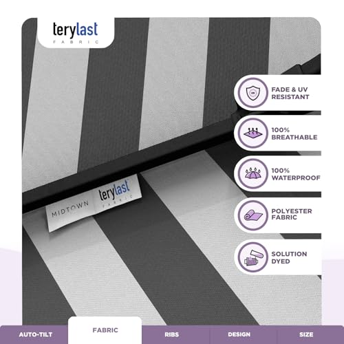 Image of Midtown Umbrellas - 10-Year-No-Fade 10 Ft Patio Umbrella with Terylast Fabric, Auto-Tilt Aluminum Frame and 8 Reinforced Ribs for Deck, Pool, Garden & Beach - Grey /White Stripes Canopy, Black Pole
