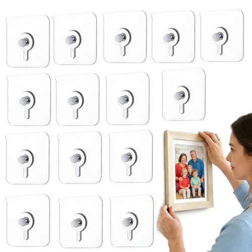IOMDRWU 15Pcs Picture Hangers Without Nails, Heavy Duty Adhesive Wall Hooks 33 lbs, No Drill Damage-Free Hanging Strips for Picture Frames, Photos & Canvas, Bathroom, Kitchen, Apartment,Transparent