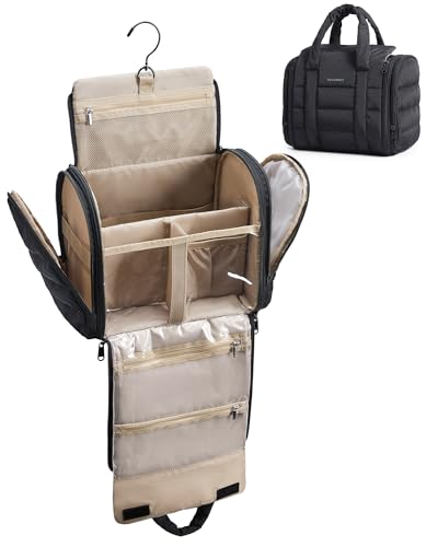 BAGSMART Travel Toiletry Bag with Removable Partition, Puffy Water-resistant Fabric Hanging Organizer for Full-Size Toiletries, Accessories, Black