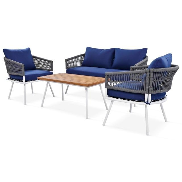 Image of 4 Outdoor Sofa Garden Balcony Sofa Patio Conversation Sofa Set with Coffee Table Wood Top for Living Room Lown Pool Rope Outdoor Chair Set-with-Wood-Table-for-Backyard(Nevy Blue)