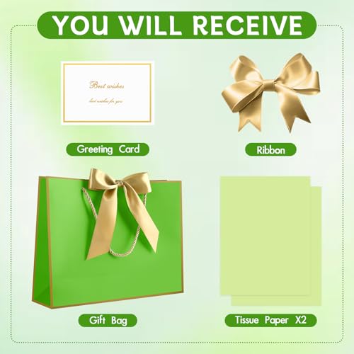 Image of JMANNI Gift Bags with Handles, 13 inch Medium Gift Bag for Presents, 1 Pcs Bags with 2 Tissue Paper and 1 Cards for Baby Shower Wedding Bridal Shower Mother's Day Birthday Party (Green-Gold