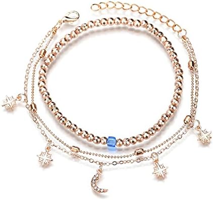 Moon Star Anklet Crystal Crescent Beads Anklet Bracelet Boho Layered Beach Foot Chain Adjustable Jewelry for Women Girls Teens