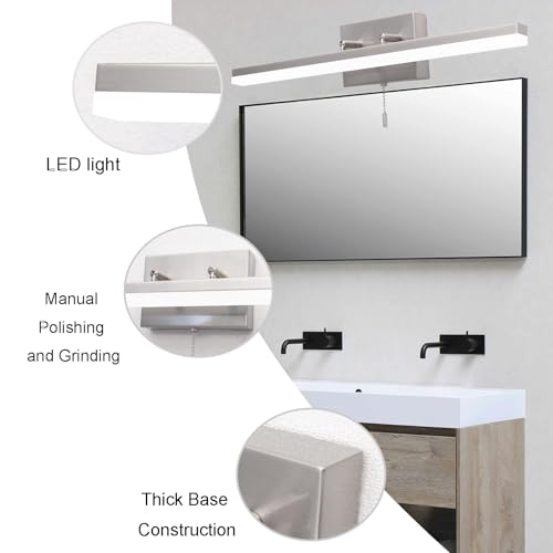 Image of 24 Inch Modern Brushed Nickel Bathroom Light Fixture, 180 Rotatable LED Chrome Vanity Light Bar for Over-Mirror Use, 12W Bathroom Sconce Wall Lighting with Switch on /Off