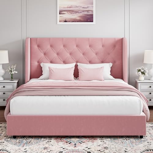 HOMBCK Queen Bed Frame, Upholstered Bed Frame with Tufted Headboard, Pink Queen Bed Frame, Wide Wingback, Soft Velvet Bed Frame, No Box Spring Needed, Noise Free, Easy Assembly, Pink