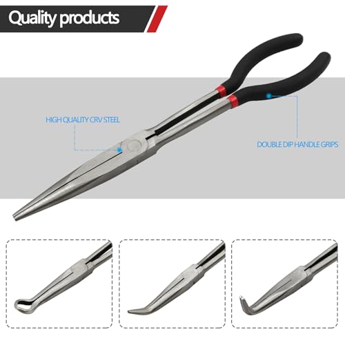 Image of 4 Pack 11 inch Precision Long Nose Pliers Set with Portable Bag, Insulated Grip | Straight, 45 & 90 Angle Curved & Circle Nose for Wire Bending, Trimming, Narrow Spaces, Hard to Reach Area & Precision Work