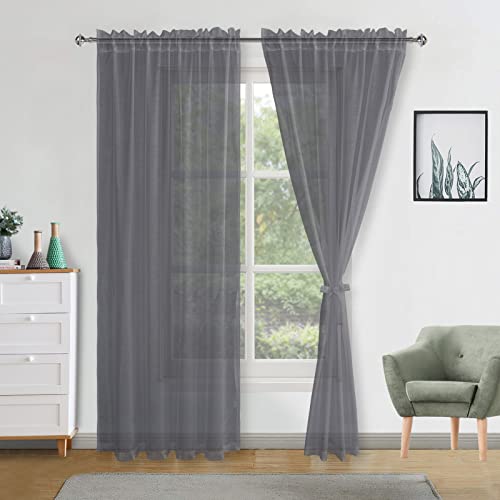 DWCN Dark Grey Sheer Curtains with Tiebacks Semi Transparent Voile Rod Pocket Curtains Elegant Window Curtains for Bedroom and Living Room,2 Panels,56" W x 90" Drop