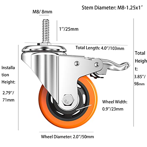 Lenkrollen aus PVC, M8-3,2 x 2,5 cm (Schaftdurchmesser 8 mm, Schaftlänge: 2,5 cm), Rollen mit Bremse, Doppelverriegelung für Zuhause, Büro, Industrie (5,1 cm, mit Bremse)