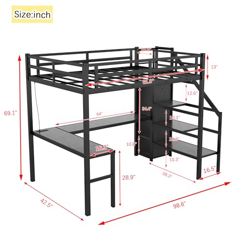 Bellemave Metal Twin Size Loft Bed with Stairs and Wardrobe,Heavy Duty Loft Bed Frame with LED Lights and Charging Station for for Kids,Teens,Adults,Black Woodgrain by Bellemave - Image 6