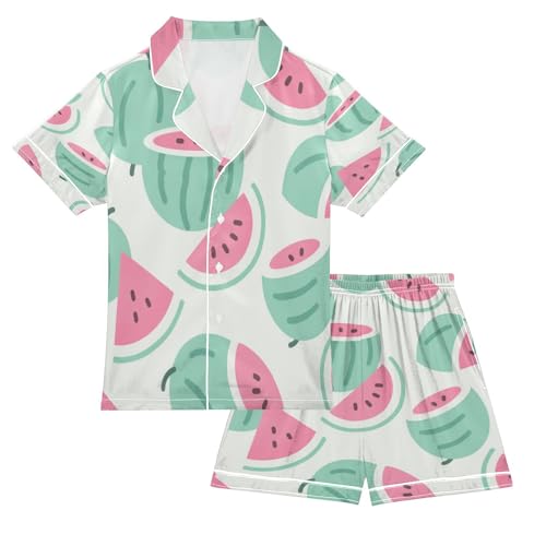 Satin Pajama Sets Short Sleeve Watermelon Slices on White Background Button Down Silky Nightwear 2 Piece PJS 5-14Y