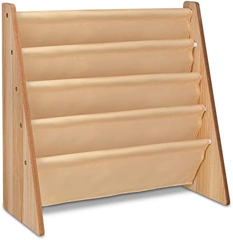 LIVIVO ® Childrens Colourful Sling Storage Bookshelf  Easy Access Wooden Book Rack Storage with Soft Nylon Fabric Shelves to Protect your Kids Books  Perfect Height for your little reader (Natural)