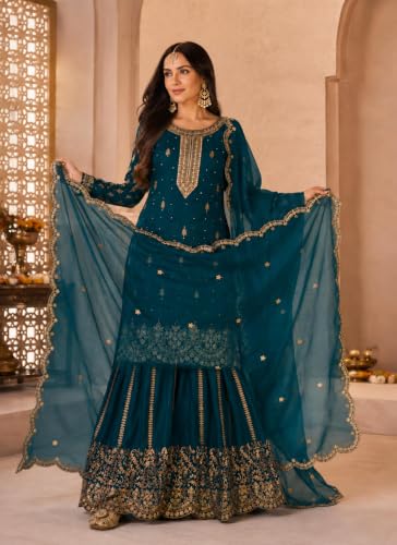 Image of Women's Ethnic Plazzo Suit Set with Kurta & Dupatta | Fendy Fabric Embroidered Kurta Set | Round Neck 3 /4 Sleeve Dress | Elegant Outfit