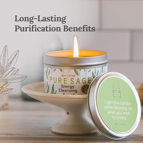 Magnificent 101 Long Lasting Pure White Sage Candle - 6 Oz - 35 Hour Burn Time - Organic, All Natural, Soy Candle to Cleanse Your Home & Calm, Soothe, Use with Sage Smudge Kit - Spiritual