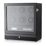 Watch Winder for 6 Watches with 2 Watches Storage Drawer, LED Backlight, LCD Display and Remote Control (Black + Black)