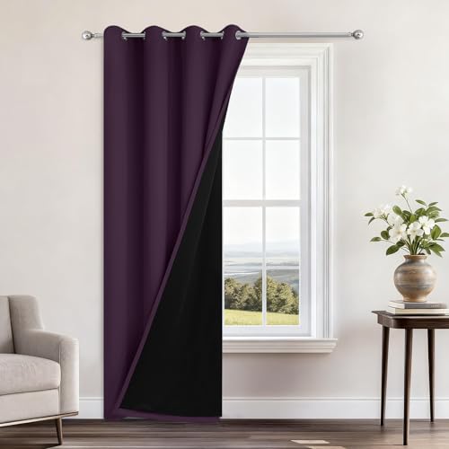 Image of Yakamok Purple 100% Blackout Curtains 84 Inches Long for Bedroom, 1 Panel | Blackout Curtain Panels for Bedroom, 2 Thick Layers Grommet Top Thermal Insulated Drapes with Black Liner for Living Room