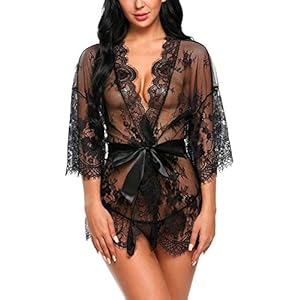Sexy lingerie Women’s Lace Kimono Robe Babydoll Lingerie Mesh Nightgown -Sexy lingerie kant pop (Color : 1black, Size : Large)