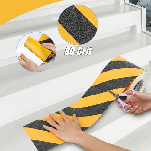 Image of 8 in x 60 ft Anti-Slip Tape for Stairs, Black /Yellow, Indoor /Outdoor | Strong waterproof adhesive, easy DIY cut-to-fit on wood, concrete, or tile. High-visibility stripes warn of slip hazards