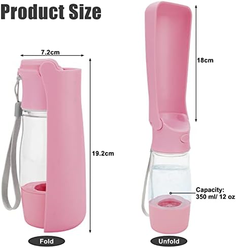 Portable Dog Water Bottle, 350ml Dog Water Cup for Travel, Pet Foldable Water Bottles, Leak Proof Food Grade Plastic Cat Water Dispenser with Food Container for Dog Cat Pet Outdoor Walking(Pink)