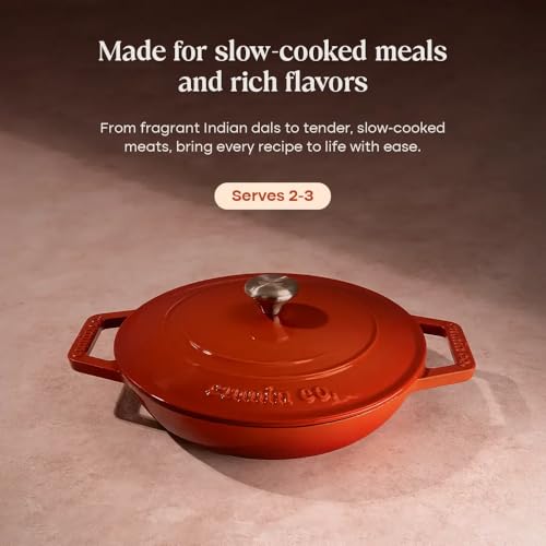 Image of CUMIN CO. Cast Iron Braiser | 26cm, 2.5L (Serves 5-6) | Non Toxic Cooking Pot with Lid | Patented Enamel Coating | FDA Compliant | Induction & Oven Safe | Color: Rust