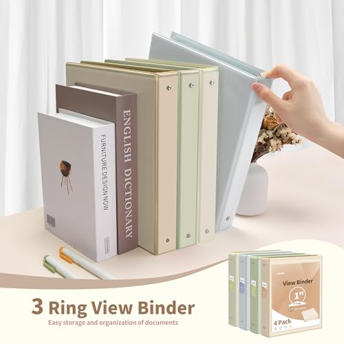 SUNEE 3 Ring Binder 1 Inch 4 Pack, Clear View Binder Three Ring PVC-Free (Fit 8.5x11 Inches) for School Binder or Office Binder Supplies, Neutral Pastel Binder - Thumbnail 6