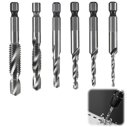 Coffret 6 Forets Taraudeurs M3 M4 M5 M6 M8 M10 Tige Hex 6mm, Taraudage et Perçage 1 Étape, Compatible Perceuses Électriques, pour Métaux Tendres, Bois et Plastiques