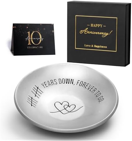 10th Anniversary Aluminum Gifts for Her/Him, 10 Year Wedding Anniversary for Wife Couple Parents, 4″ Ring Holder Dish Jewelry Tray – Personalized Tin Ten Years Anniversary Decorations Ideas Gift