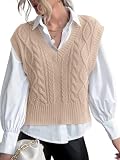 Jumppmile Womens V Neck Sweater Vest Cable Knit Solid Sleeveless Pullover Crop Sweater Vest S Sand Beige
