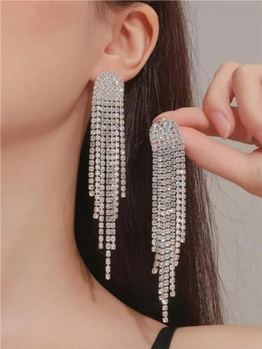 Rhinestone Crystal Dangle Drop Earrings 14K Gold/Silver Long Tassel Chandelier Fringe Bridal Wedding Statement Earrings (Silver) #TOP1