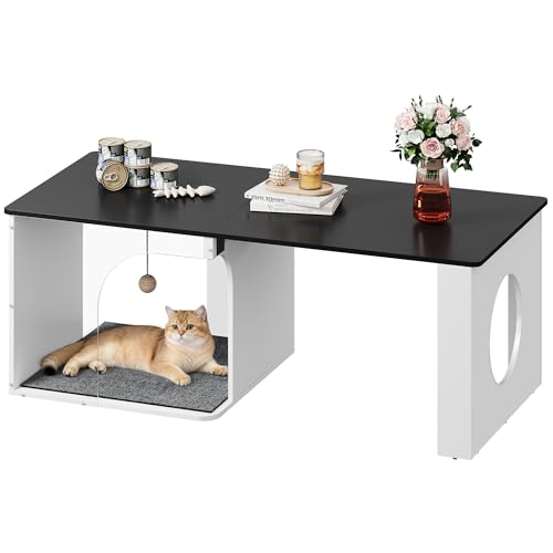 WLIVE Coffee Table, 2-in-1 Cat Wood Coffee Table with Lagre Storage Tabletop, Modern Center Table Cat House with Cat Scratching Pad, Cat Teaser for Living Room, Balcony, Black