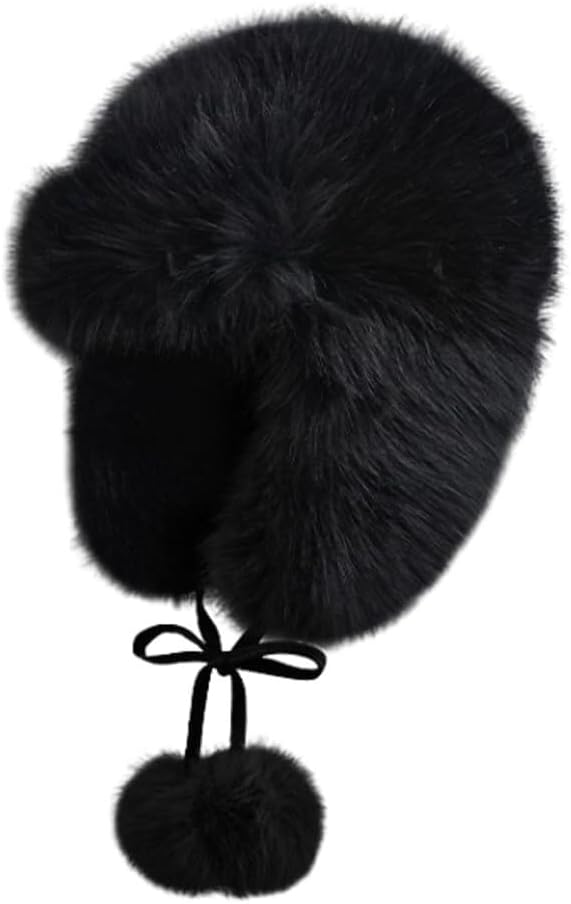 2025 Women's Furry Trapper Hat Faux Fur Ushanka Hat Winter Warm Ear Protection Hat Outdoor Ski Hat with Pom Poms