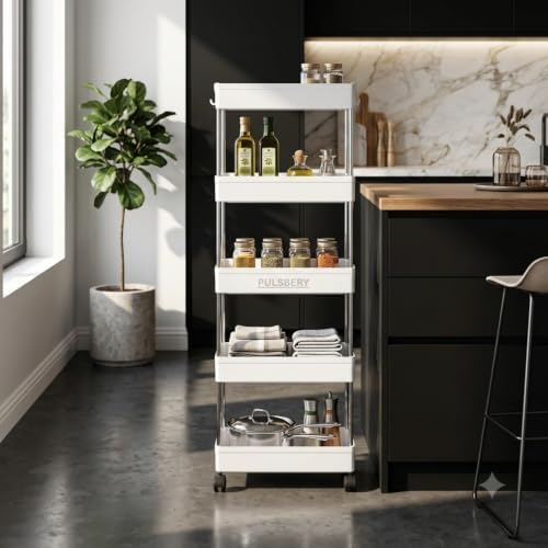 PULSBERY 5 Layer Kitchen Trolley Organizer with 5 Shelves, White, Modern Style, Plastic Vegetable Trolley Rack for Kitchen St