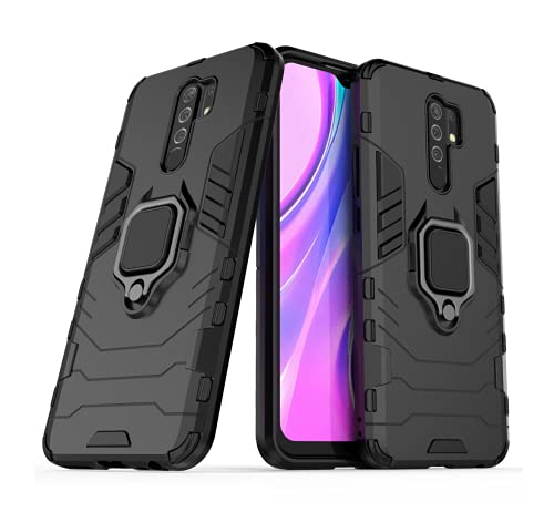 Jellyspin Funda para Xiaomi Redmi 9 Uso rudo con Anillo metálico Bumper Proteccion contra Golpes híbrida PC+TPU (Negro)