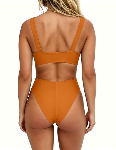 Image of geluboao Bikini Set for Women Solid V Neck Knot Front Push Up High Leg Thong Two Piece Swimsuit