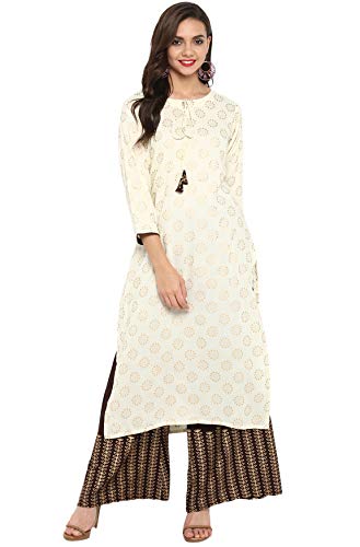 Janasya Indian Tunic Tops Rayon Kurti Set for Women (SET084-KR-PP-XS) Off-White