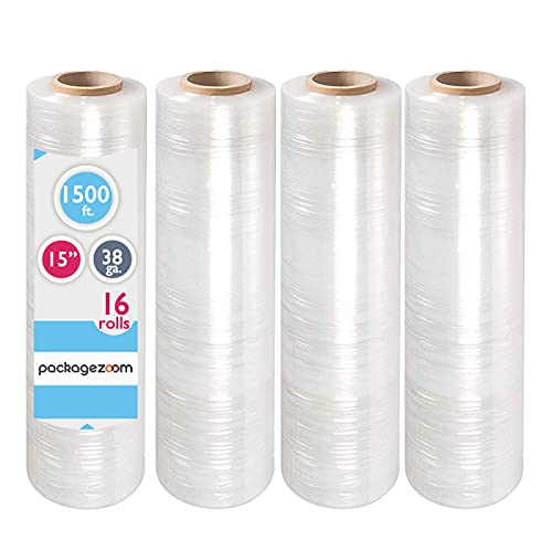 PackageZoom 15 x 1500 ft Pre-Stretched Wrap Film 38 Gauge Moving Supplier and Packaging Stretch Wrap 16 Packs