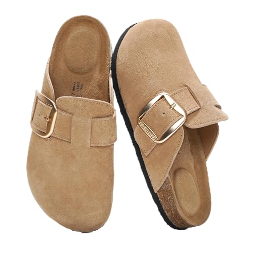 Project Cloud 100% Genuine Leather Clogs for Women Shoes - Memory Foam Insole, Non-Slip & Natural Cork Footbed Arch Support Big Buckle Womens Clogs and Mules Footwear (Manchester, BEIG, 9)