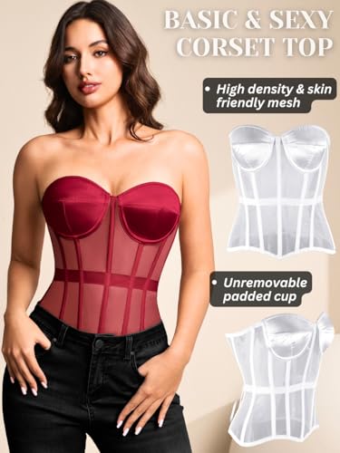 Image of Kaei&Shi Sheer Mesh Overbust Corset,Sexy Strapless Lace Up Satin Bra Corsets Top For Women Shapewear