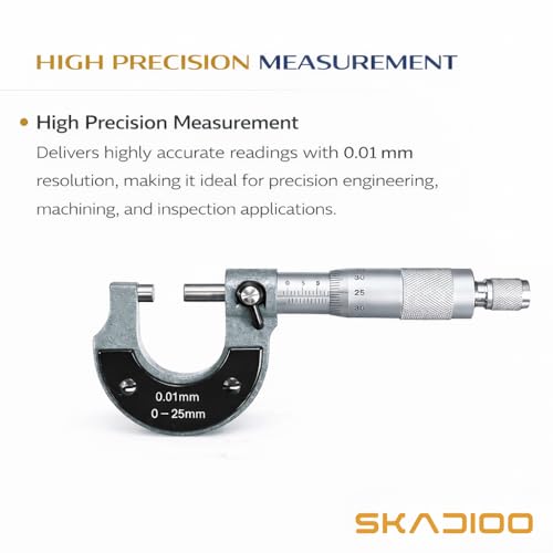 Image of SKADIOO Micrometer 0-25mm, 0.01mm Precision Measurement Tool - Outside Micrometer with Ratchet Stop, Carbide Anvil, High Accuracy Machinist Tool for Metalworking & Engineering