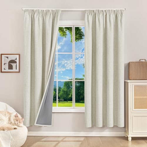100% Verdunklungsvorhänge mit Kräuselband Leinenoptik Vorhänge Blickdicht | 180Hx120Bcm,Hellbeige,2er Set,Thermovorhänge Kälteschutz Gardinen für Schienen,Wohnzimmer,Schlafzimmer
