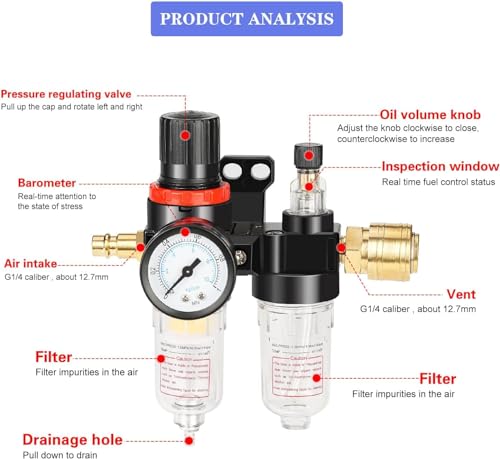 Noosverl 1/4 Inch Compressed Air Pressure Regulator Water Trap for air Compressor Air with Pressure Gauge Oil Separator Pressure Regulator Compressor Water Trap