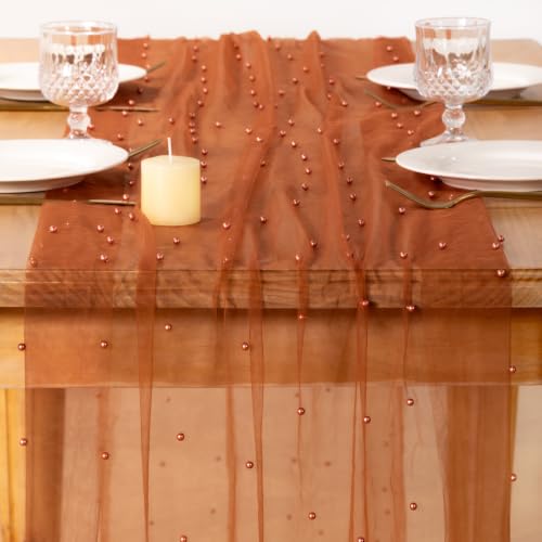 Image of MLMC Terracotta Pearl Table Runner Sheer Tulle Gauze Table Runner 10Ft
