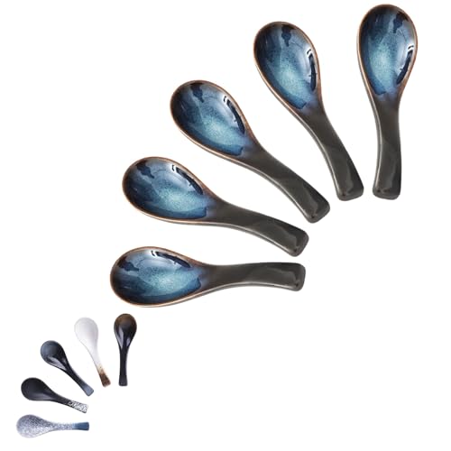 Japanese Ramen Soup Spoons Asian Blue Ceramic Soup Spoon for Pho Dessert Noodle 5 Pcs