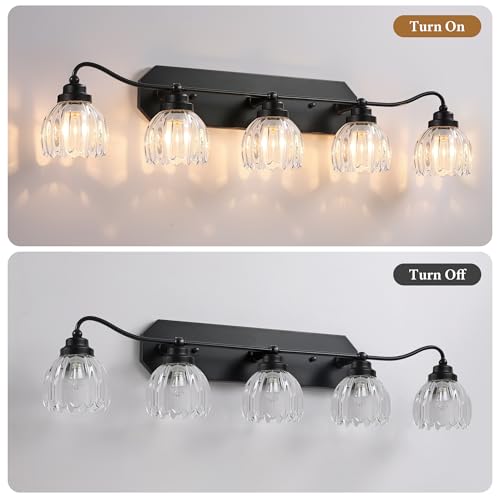 Image of Vintage Bathroom Light Fixtures, 5 Light Bathroom Vanity Light, Black Matte Antique Brass Finish with Crystal Glass Shade, Mid Century Wall Sconces for Bedroom, Living Room, Hallway